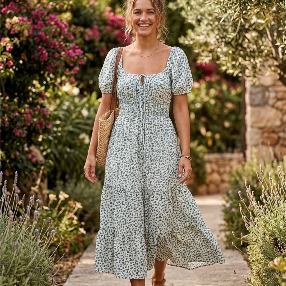 Blush Light Sage Floral Maxi Dress with Puff Sleeves